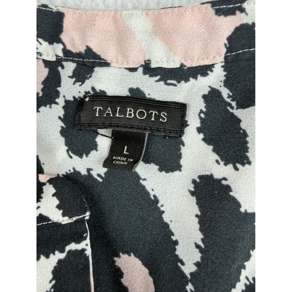 Talbots Womens Pink Black Leopard Print Split V-Neck Blouse Long Sleeve Size L - Picture 4 of 8